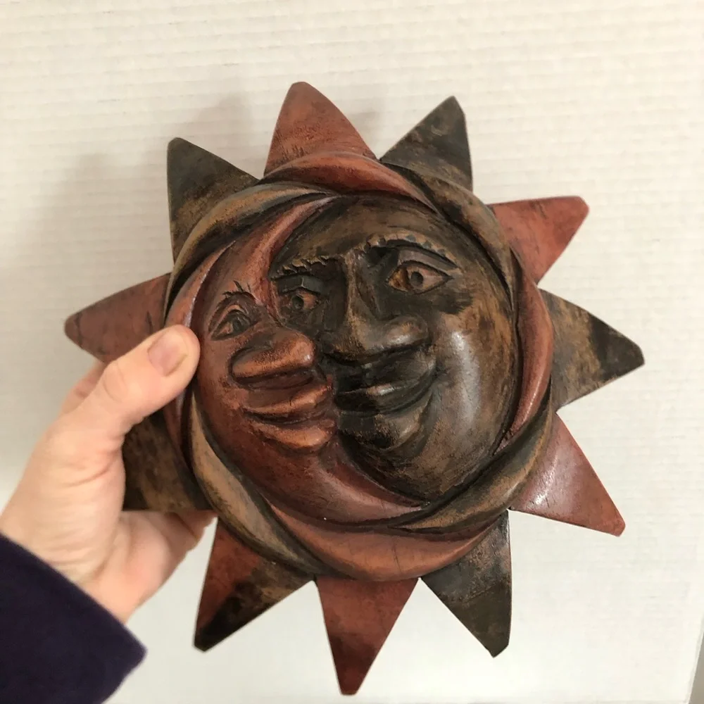 Hand Carved Sun Moon Wood Wall Art - Picture 10 of 10